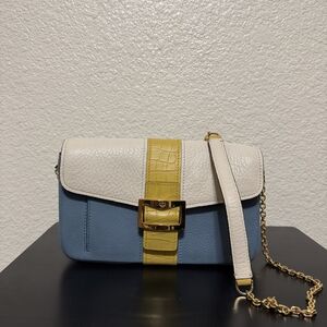 MCM Blue, White, and Yellow Crossbody Bag with Gold Chain